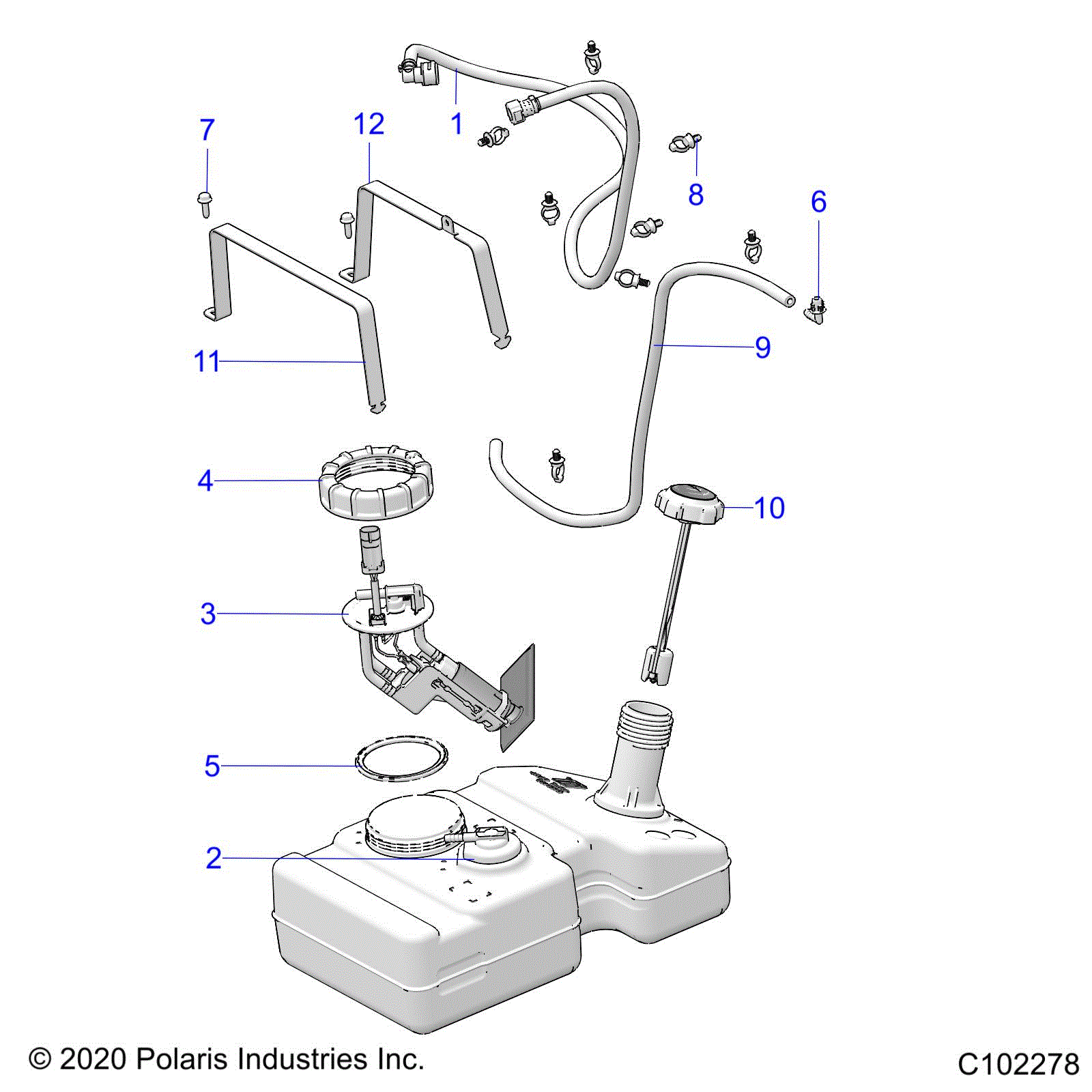 An Image of a Genuine Polaris Parts Schematic Diagram showing the schematic - BODY: FUEL TANK - 2021 POLARIS ACE 150 EFI