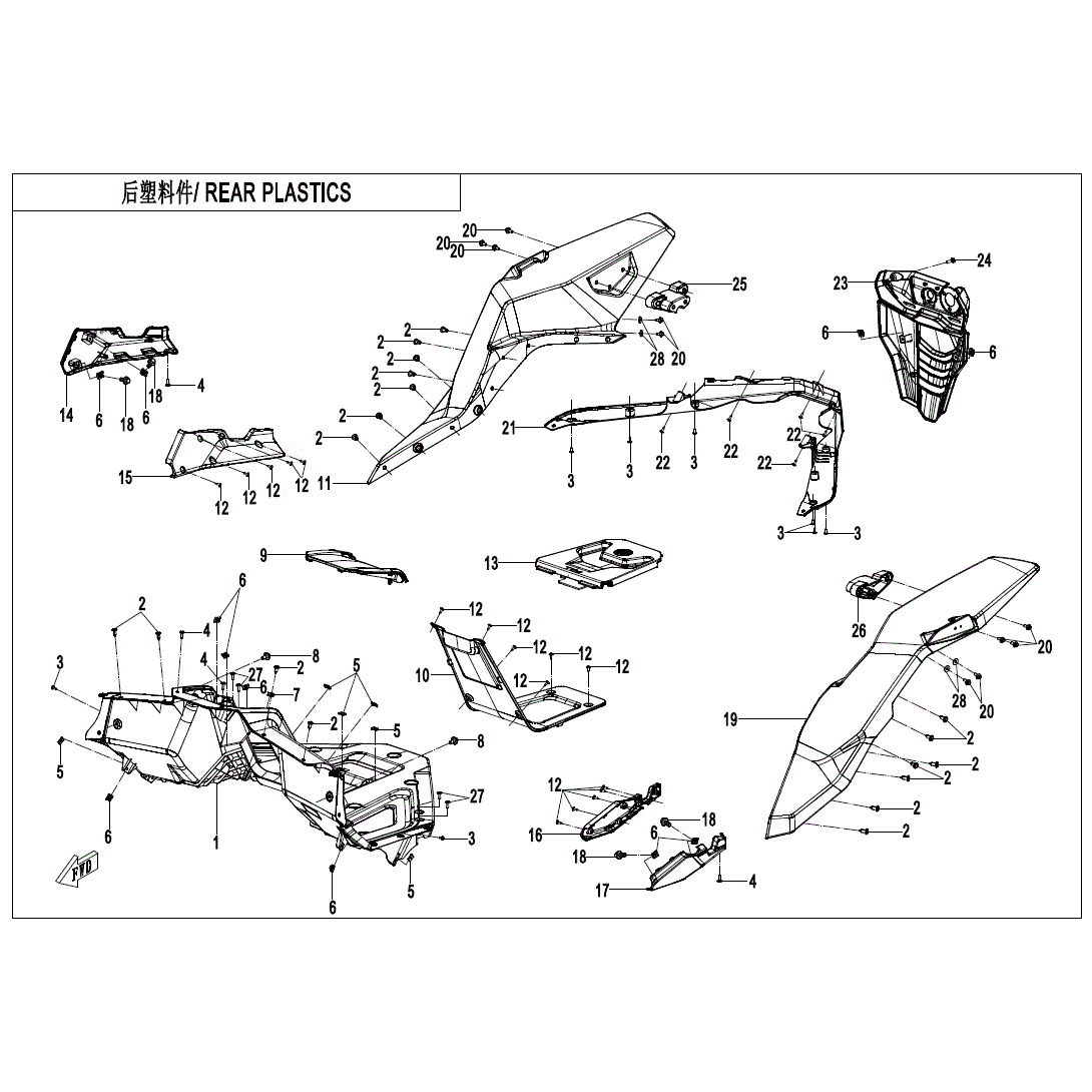 An Image of a Genuine CFMOTO Parts Schematic Diagram showing the schematic - REAR PLASTICS - 2023 CFMOTO ZFORCE 950 HO Sport