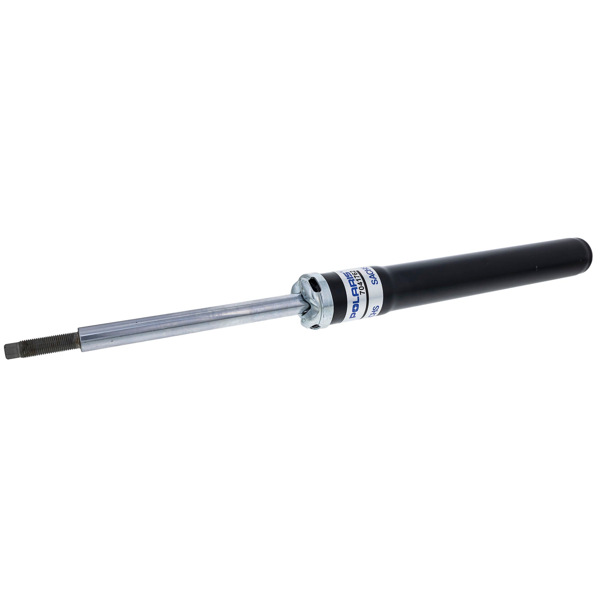 Black and silver metal front strut with cylindrical body and mounting end for Polaris ATVs and UTVs.