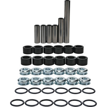 The Suspension Kit Rear Independent by Moose Offroad includes metal bushings, sleeves, washers, and black rubber O-rings—perfect for use as bearings and bushings in mechanical or automotive assembly.