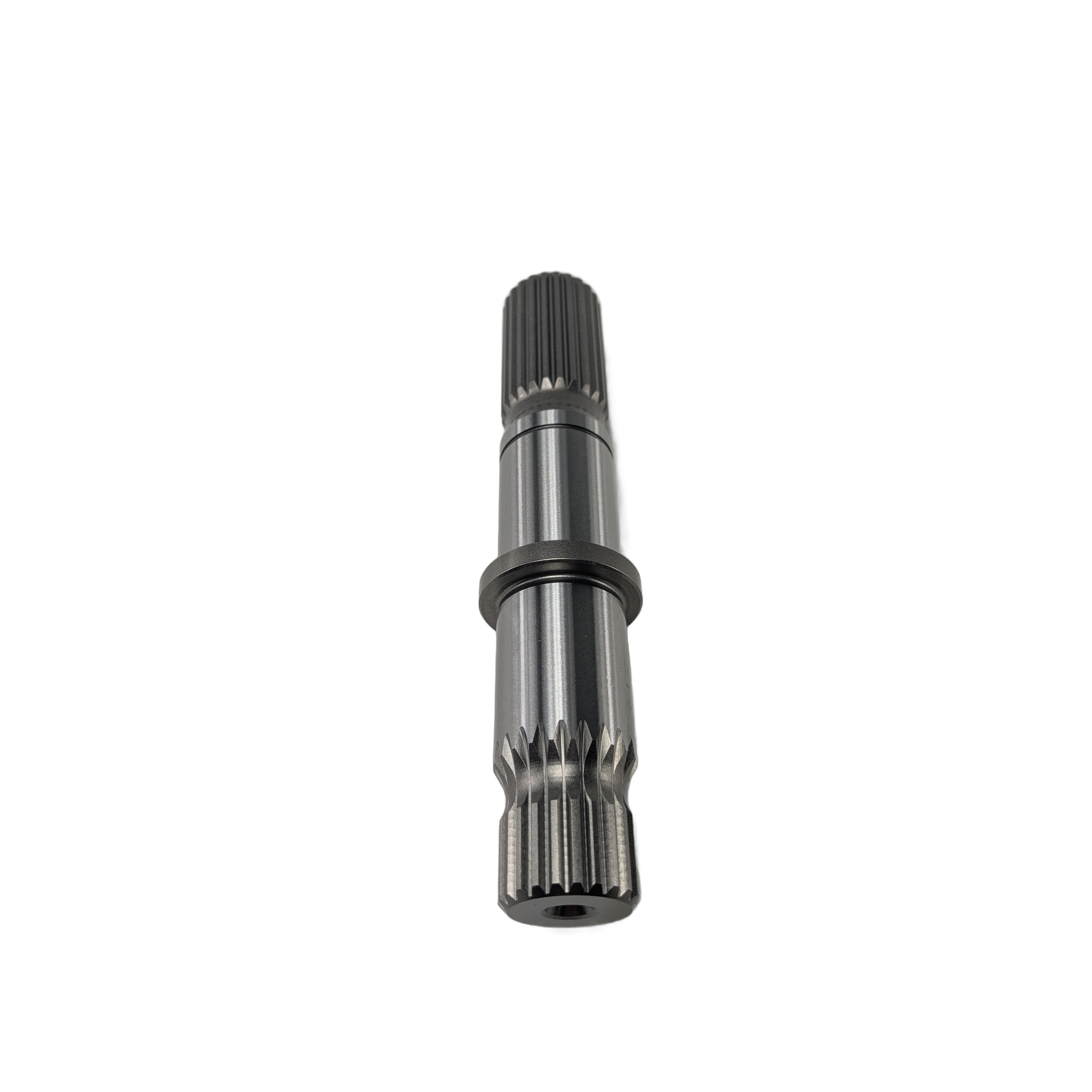 A close-up of the Shaft by Kawasaki, a metallic cylindrical component with multiple ridges and grooves, shown vertically on a white background. This precision-machined part is commonly used in Kawasaki UTVs and shows detailed craftsmanship.