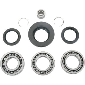 The Honda Differential Bearing Seal Kit Rear by Moose Offroad includes high-speed EMQ bearings, TC rubber seals, a metal ring, snap rings, and a small bearing—ideal for differential service.