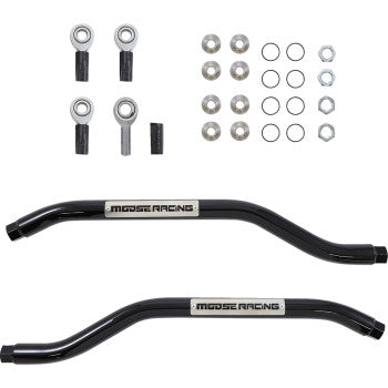 Two black curved metal Radius Rod Lowers by Moose Offroad, made from durable DOM tubing with heim joints, along with assorted hardware like nuts, washers, and rod ends, are displayed on a white background.