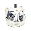 Silver metal clutch assembly with cylindrical central shaft and blue spring detail.
