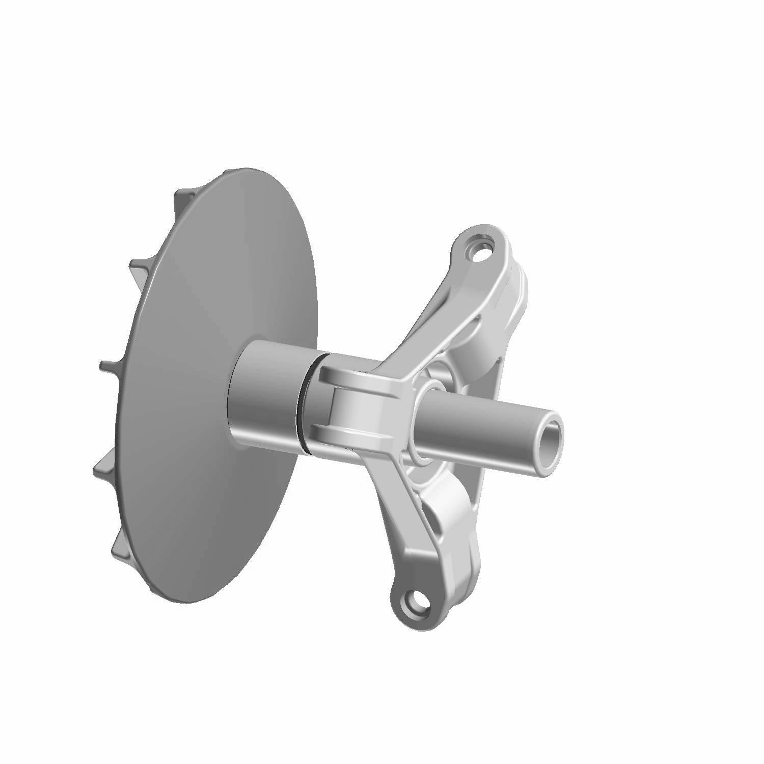 Silver metal clutch bearing with circular toothed disc and three-arm mounting bracket.