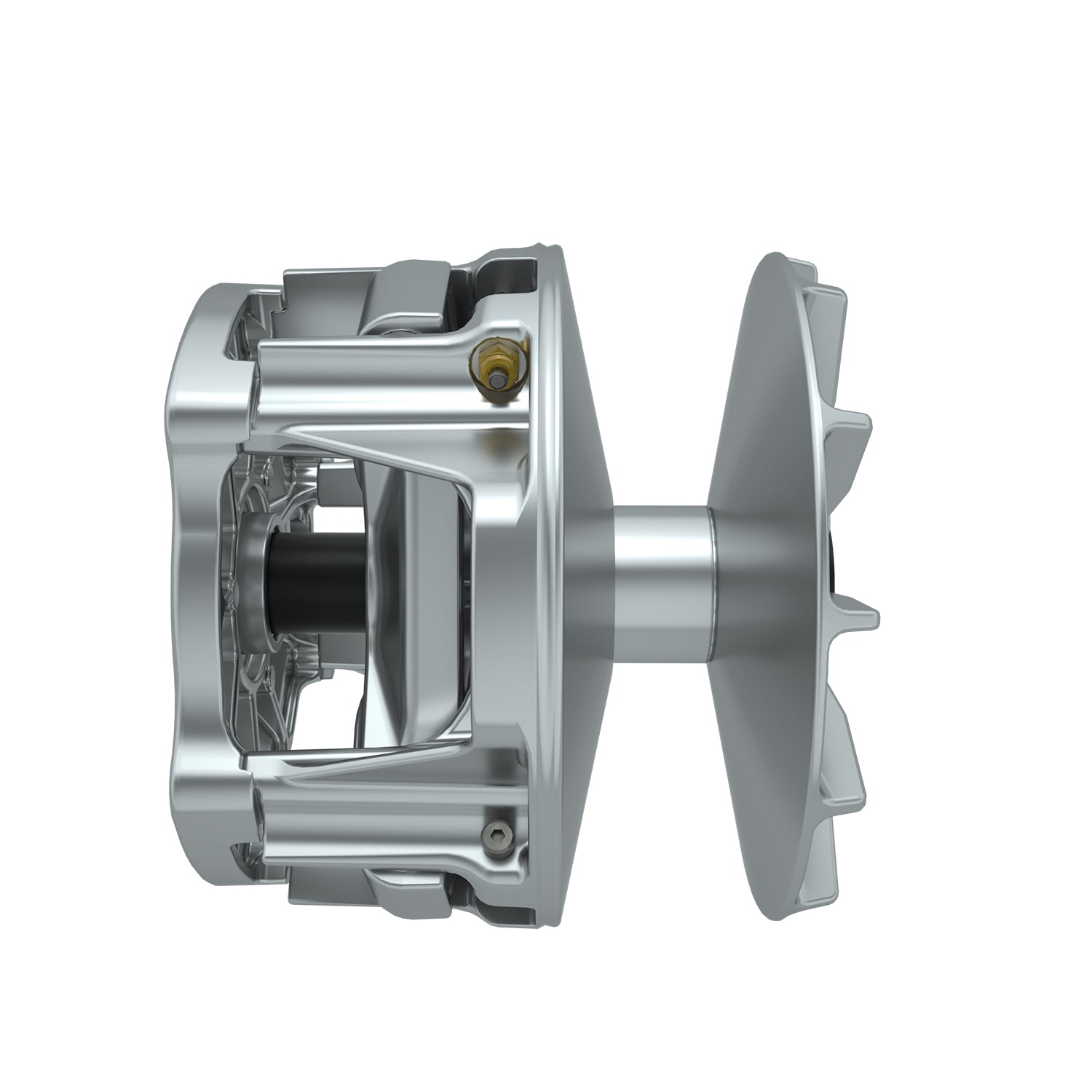Silver metal clutch bearing with integrated fan blades and exposed internal components.