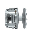 Silver metal clutch bearing with integrated fan blades and exposed internal components.
