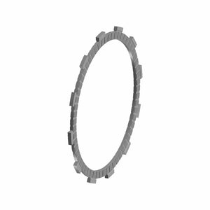A gray, circular gear-like ring with evenly spaced rectangular protrusions is displayed on a white background. This Clutch Disc, Friction B by Polaris is a genuine OEM part for your Indian motorcycle.