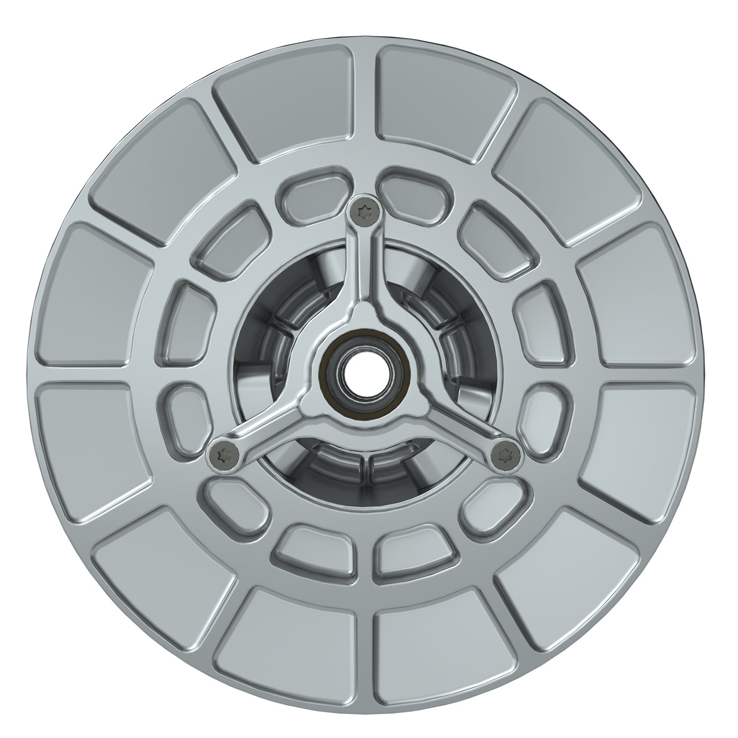 Silver metallic Polaris basic driven clutch with circular design and central bearing hub.