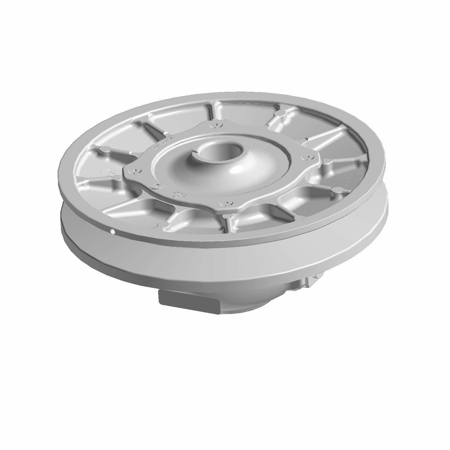 Silver circular metal clutch component with raised center and radial support spokes.