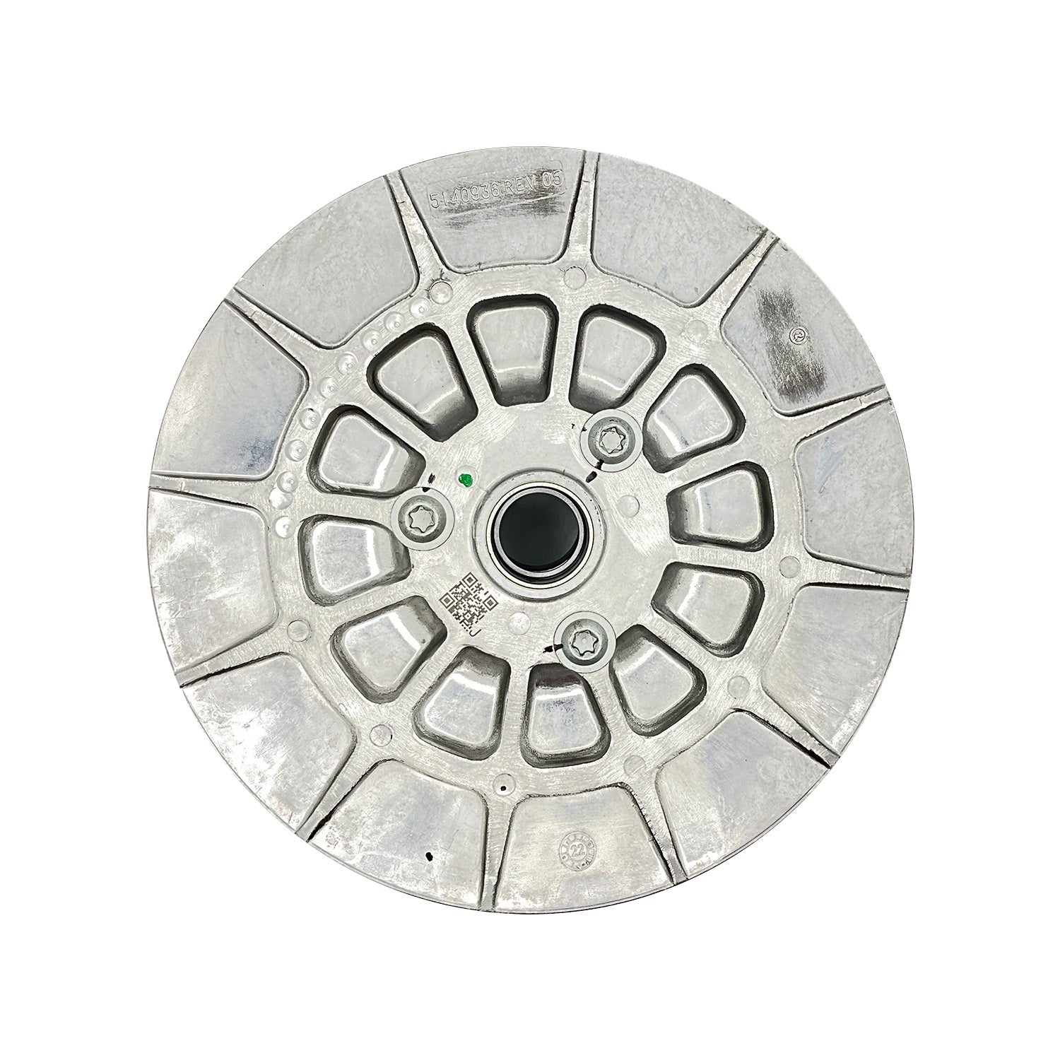 Round silver metallic drive pulley with central bearing and multiple vented spokes.