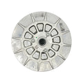 Round silver metallic drive pulley with central bearing and multiple vented spokes.