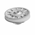 Silver metallic circular clutch component with a central raised hub and multiple radial reinforcement ribs.