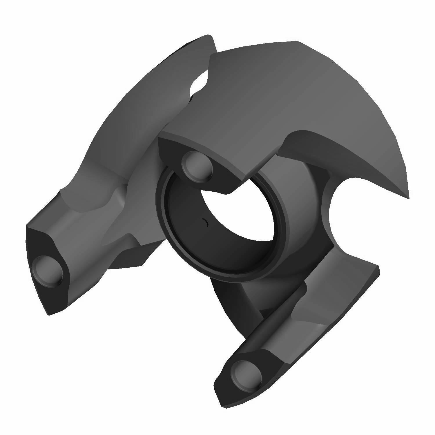Black angular metal UTV scraper part with central circular clamp and two mounting points.