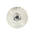 Silver round metal movable sheave with central bearing and mounting holes.