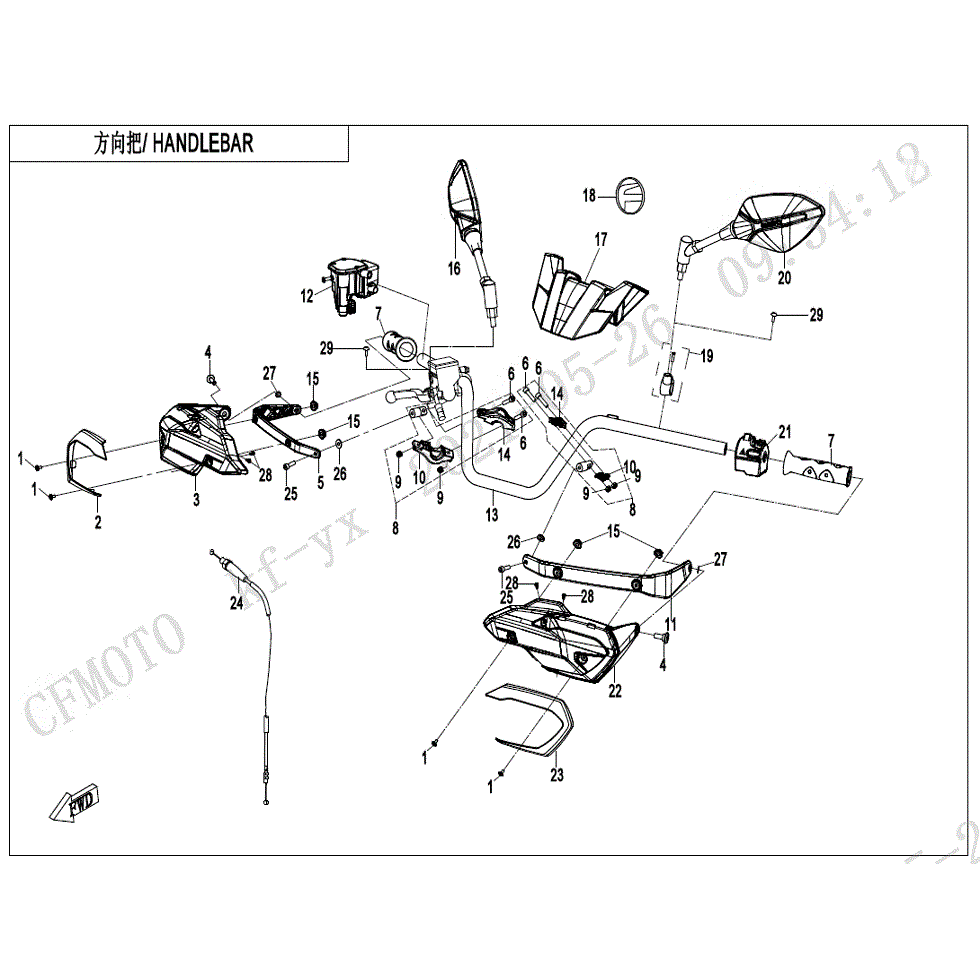 An Image of a genuine CFMOTO Parts Schematic Diagram showing the group - HANDLEBAR - 2022 CFMOTO CFORCE 600