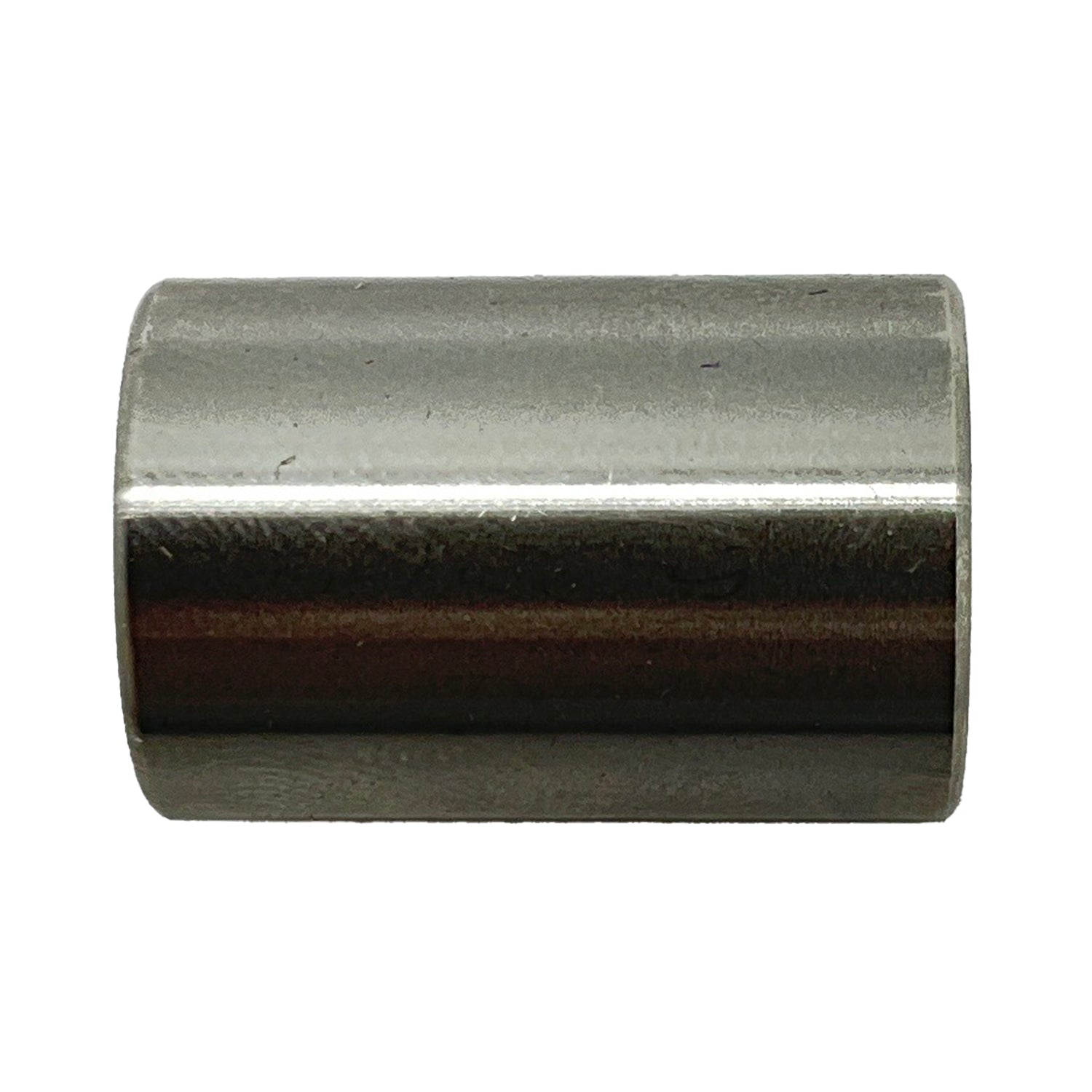 Metal cylindrical spacer with smooth, polished silver finish and hollow center.
