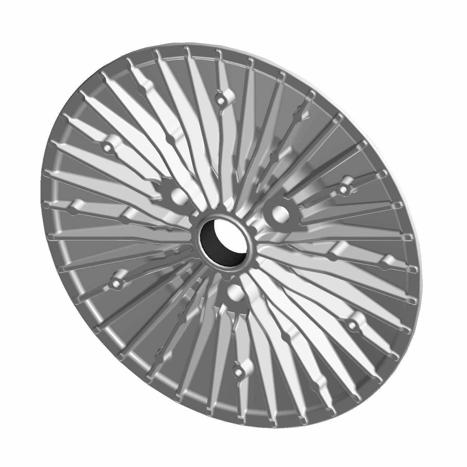 Gray circular metal moveable sheave with radial fins and central hole for Polaris UTV belt drive system.