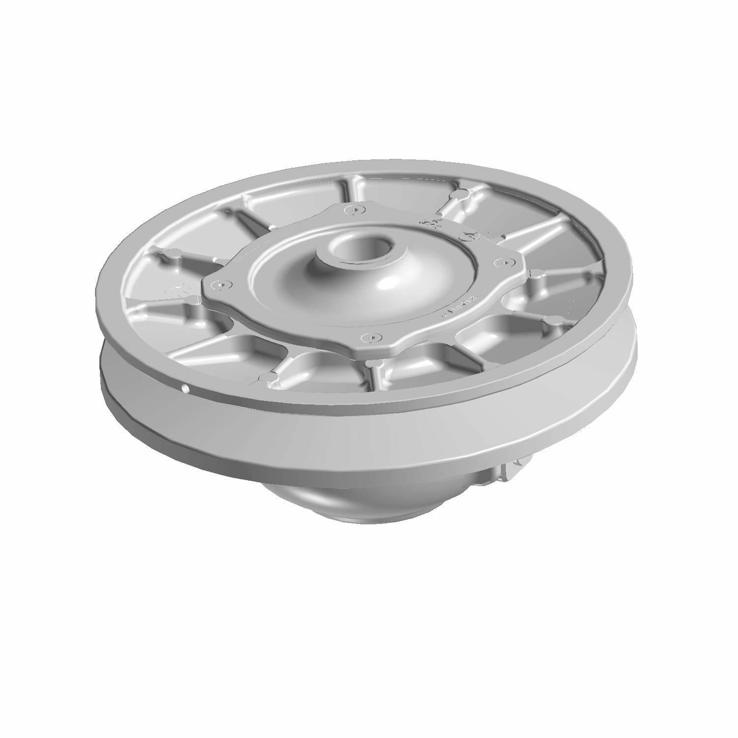 Silver metallic circular clutch driven pulley with central hub and radial reinforcement ribs.