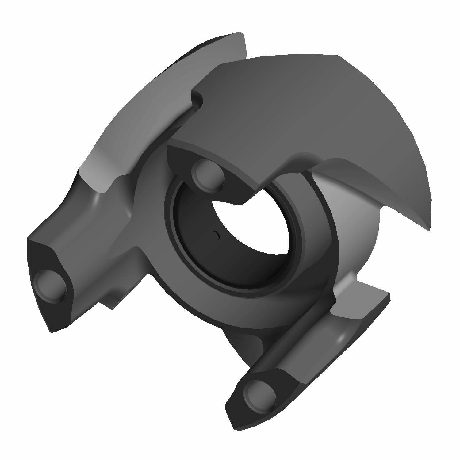 Matte black durable plastic UTV steering knuckle with circular center and mounting points.