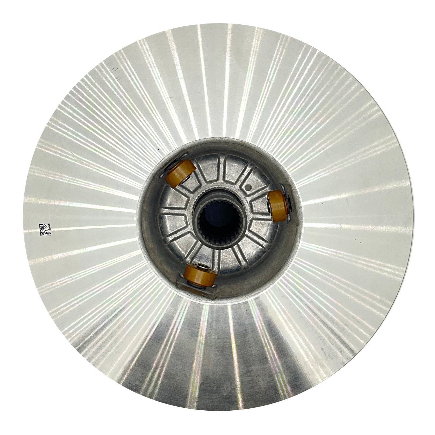 Silver metal driven clutch with circular, radially grooved surface and central hub featuring three orange rollers.