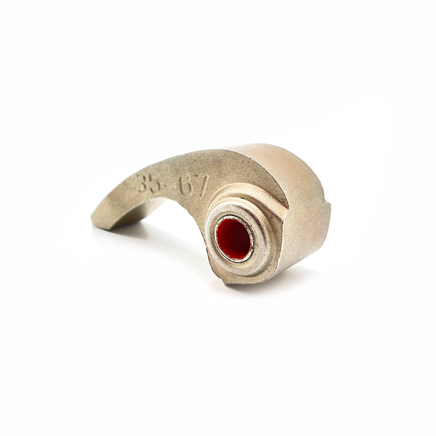 Beige metal cam lever with red bushing and engraved "35-67" marking.
