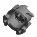 Gray machined metal mechanical part with three open claw-like extensions and central circular cavity.