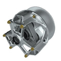 Silver metallic drive clutch with a circular base and multiple gold-tone bolts on a structural frame.