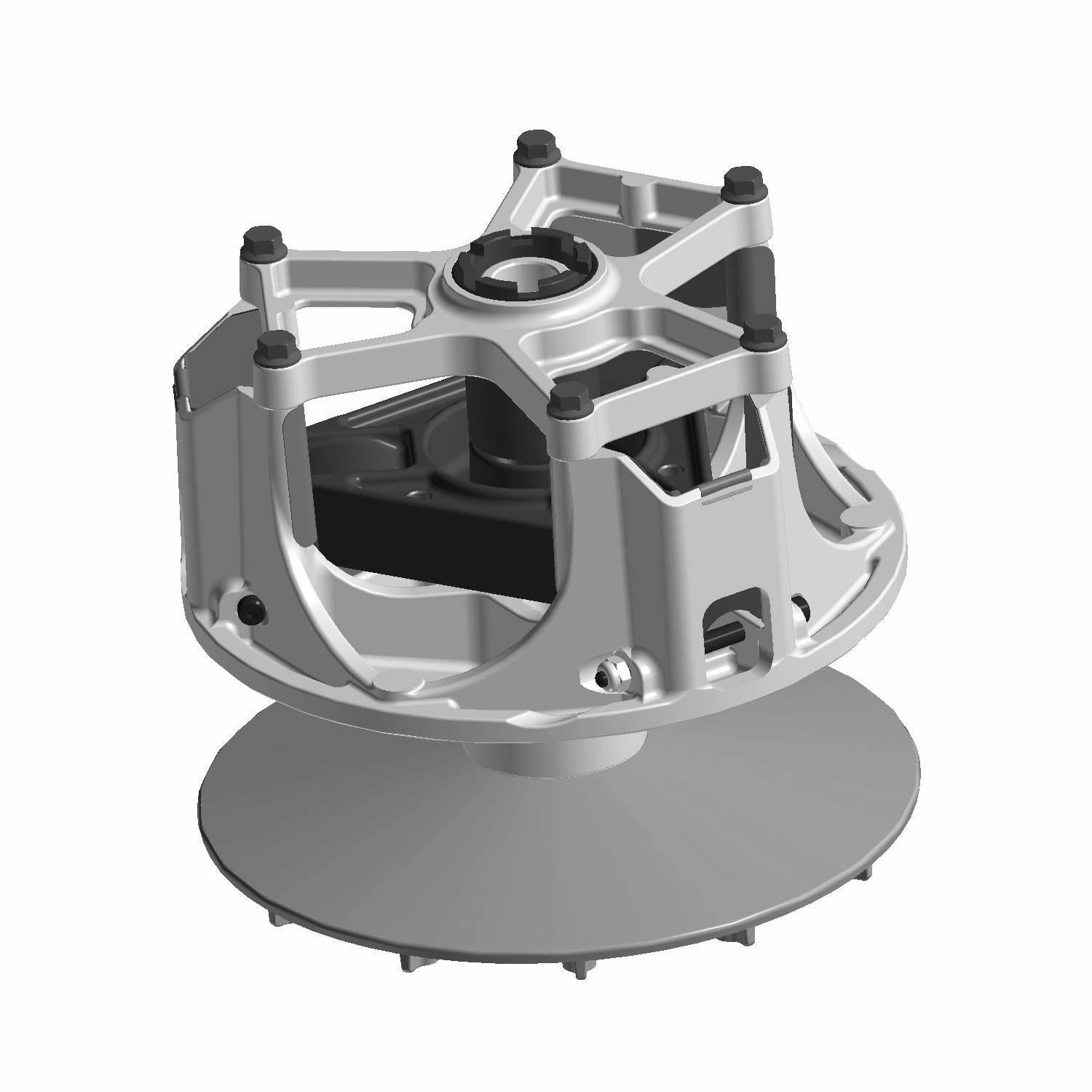 Silver metal clutch assembly with a circular base and an open, reinforced frame design.