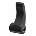 Black curved metal weight shift link with silver bushing and embossed branding on side.