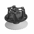 Black metal drive clutch with circular base, multiple mounting points, and integrated gear teeth.