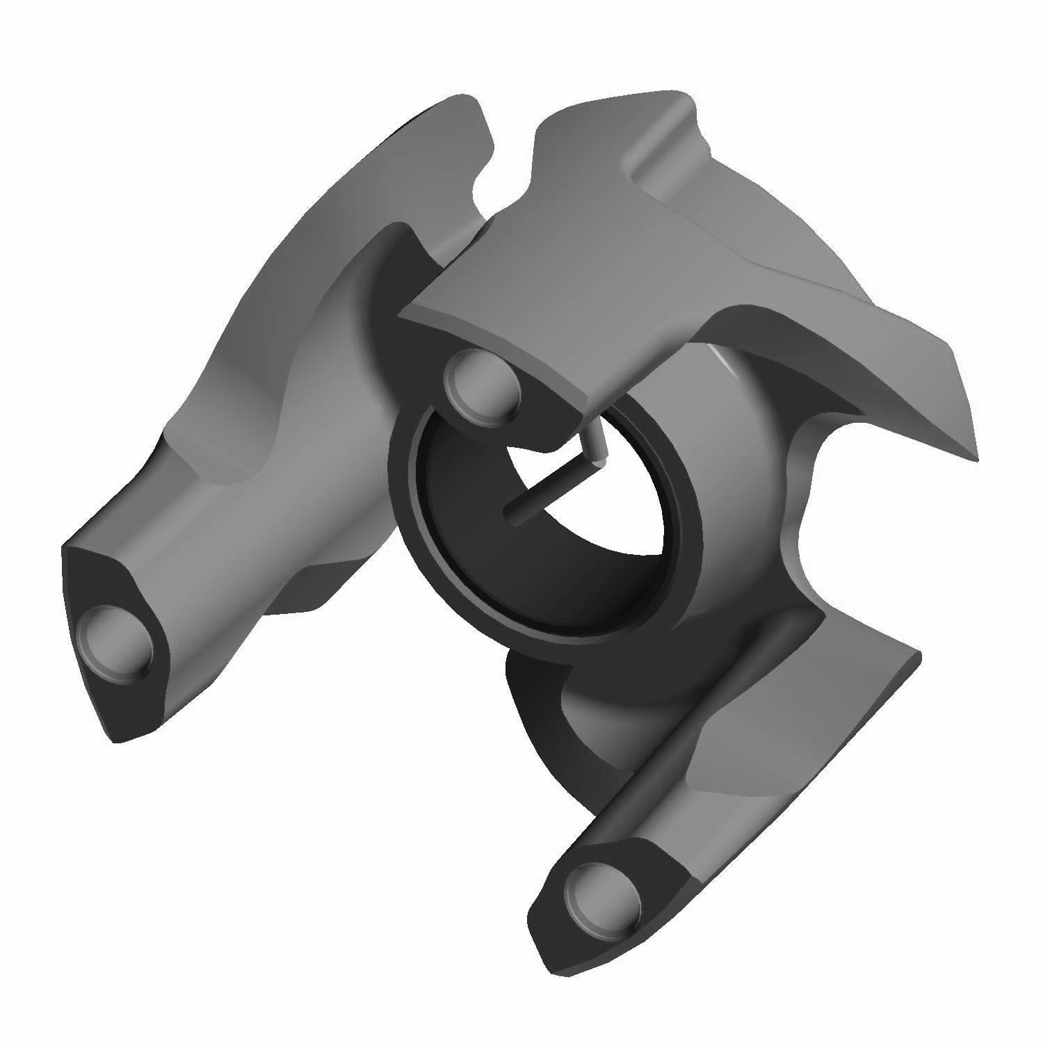 Black plastic automotive steering knuckle with circular center and integrated mounting points.