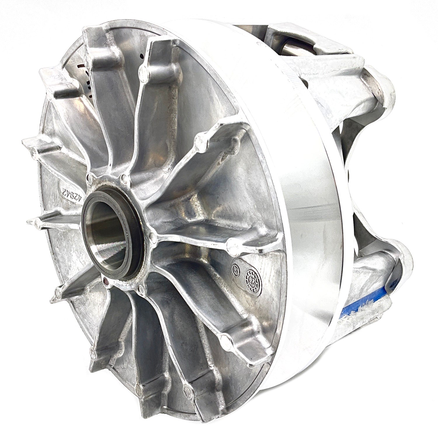 Silver metal drive clutch with multiple curved fins and central bearing hole, designed for Polaris Ranger UTV.