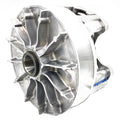 Silver metal drive clutch with multiple curved fins and central bearing hole, designed for Polaris Ranger UTV.