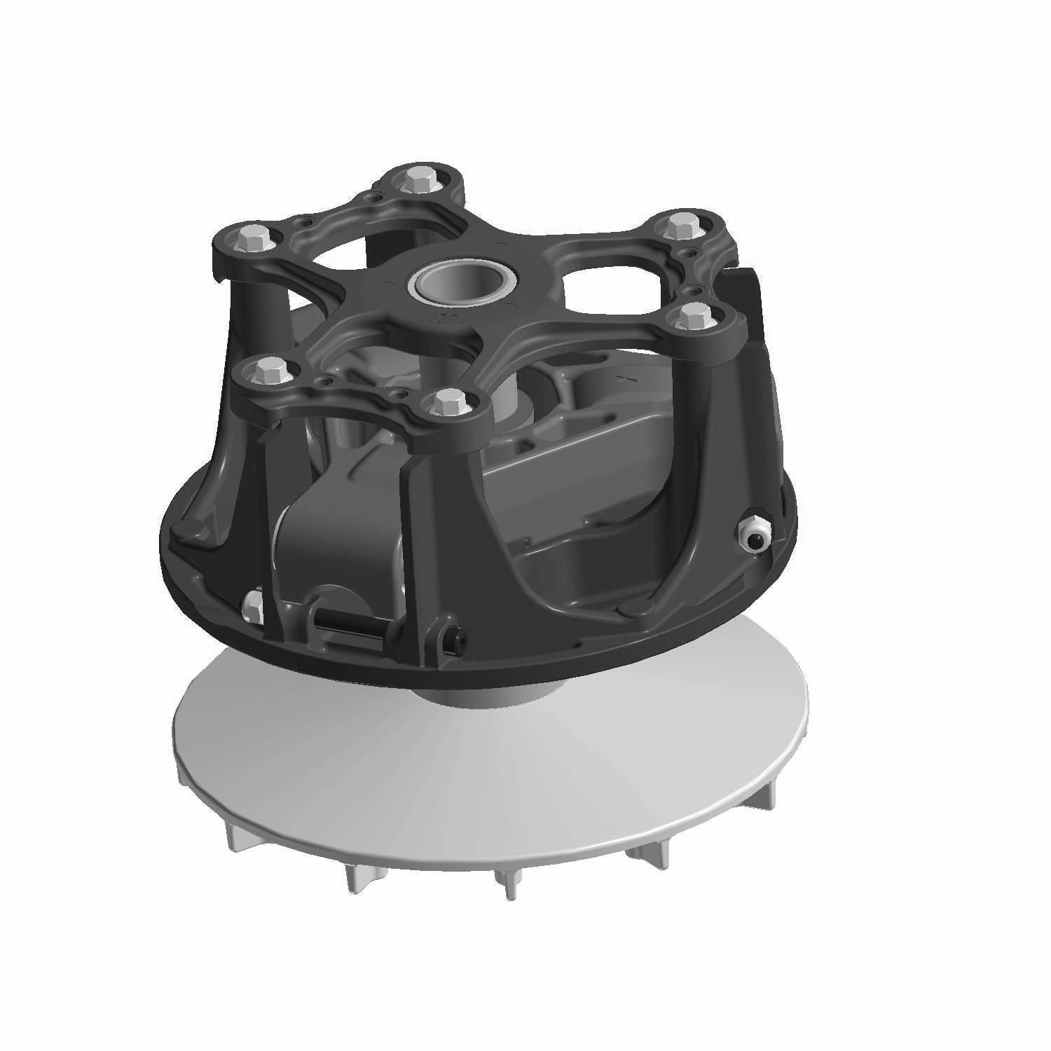 Black and gray round drive clutch with multiple mounting points and integrated aluminum fins.