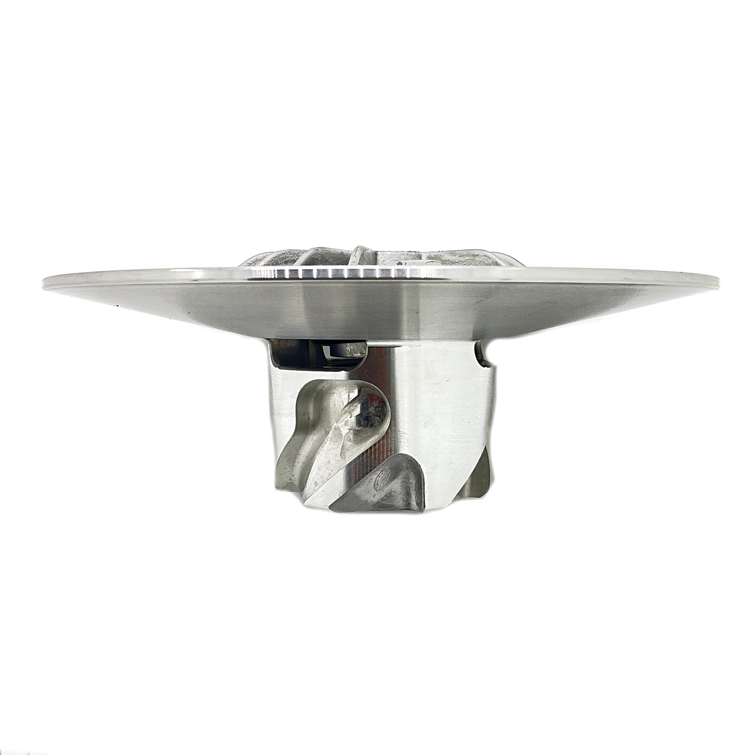 Polished metal heavy-duty moveable P90X component with flat disc and detailed mounting base.