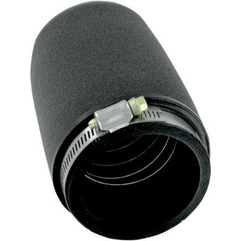 The Uni Filter Pod Air Filter Black Centered features a black cylindrical foam design, a urethane mounting base, and a metal hose clamp for secure fitment, offering maximum airflow for automotive or motorcycle engines.