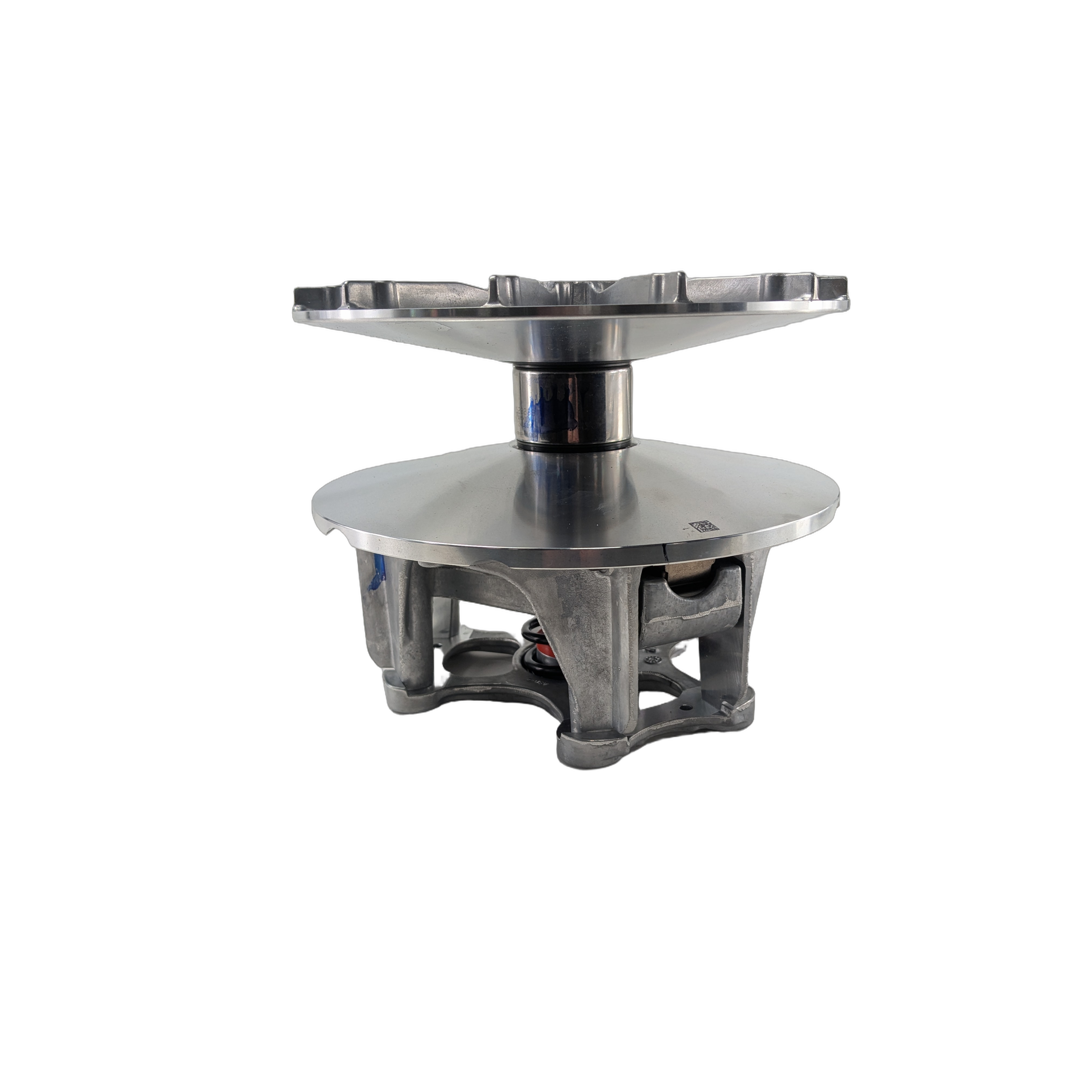 Metallic clutch assembly with circular top plate and open ventilated base structure.