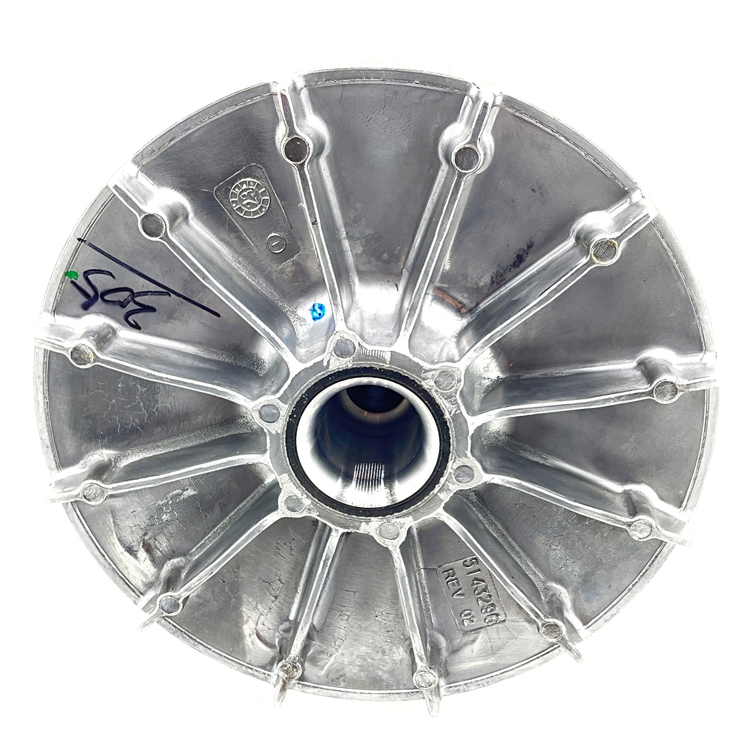 Silver metal drive clutch with radial fins and central mounting hole for Polaris ATV.