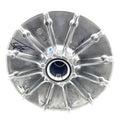 Silver metal drive clutch with radial fins and central mounting hole for Polaris ATV.