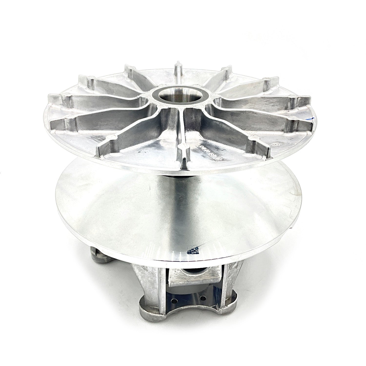 Silver metal Polaris Drive Clutch Basic P90X with a multi-spoke top design and smooth conical bottom plate.
