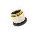Metal cylindrical bearing with yellow seal and black rubber edge on white background.