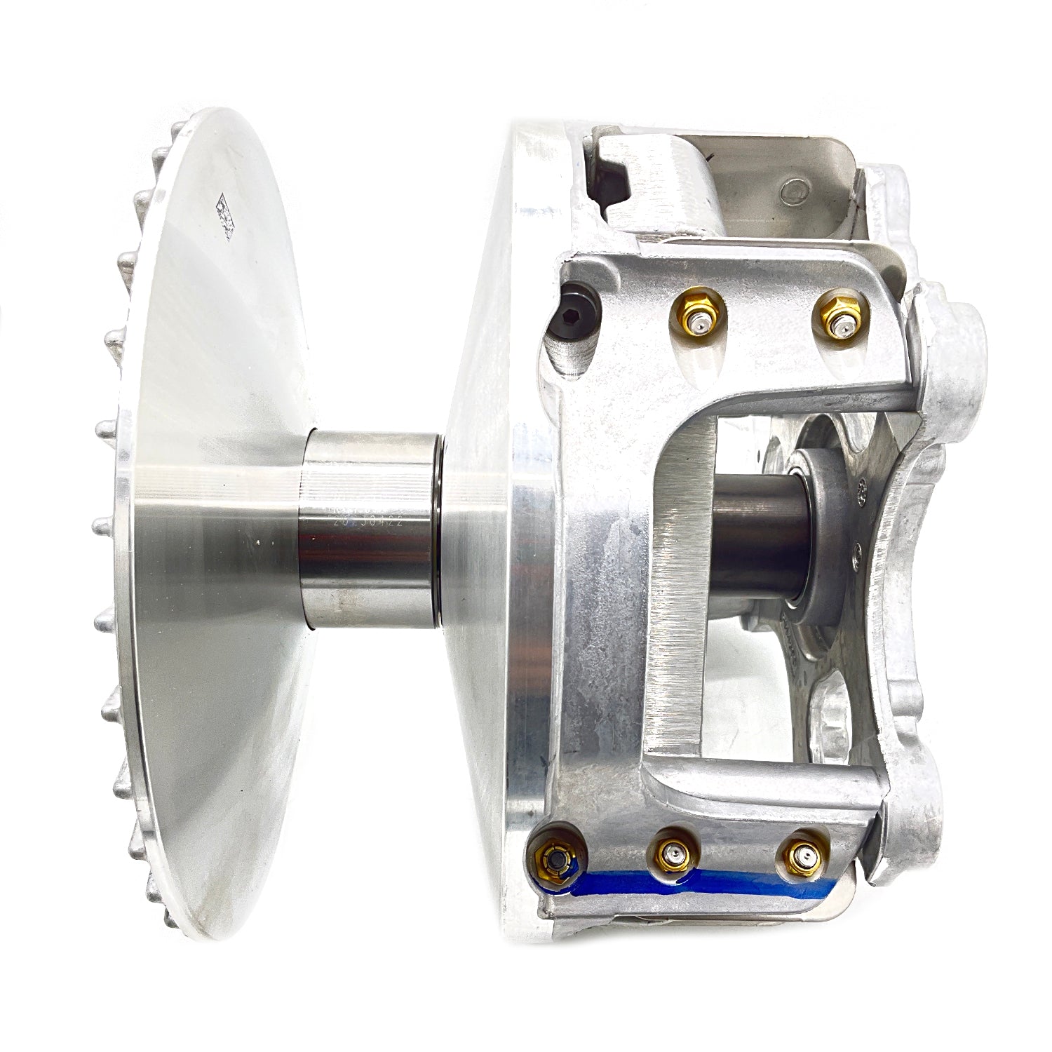 Polished aluminum drive clutch with a large round sheave and dual-arm mounting bracket with bronze bushings.