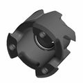 Black machined metal Helix component with four flange arms and central circular opening.