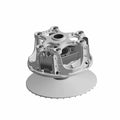 Silver metal drive clutch housing with detailed machined openings and a circular base plate.