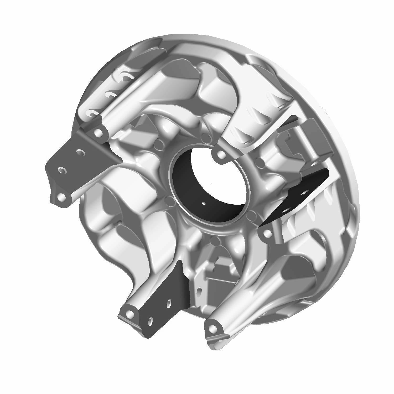 Silver metallic sheave move drive component with central circular hole and mounting brackets.