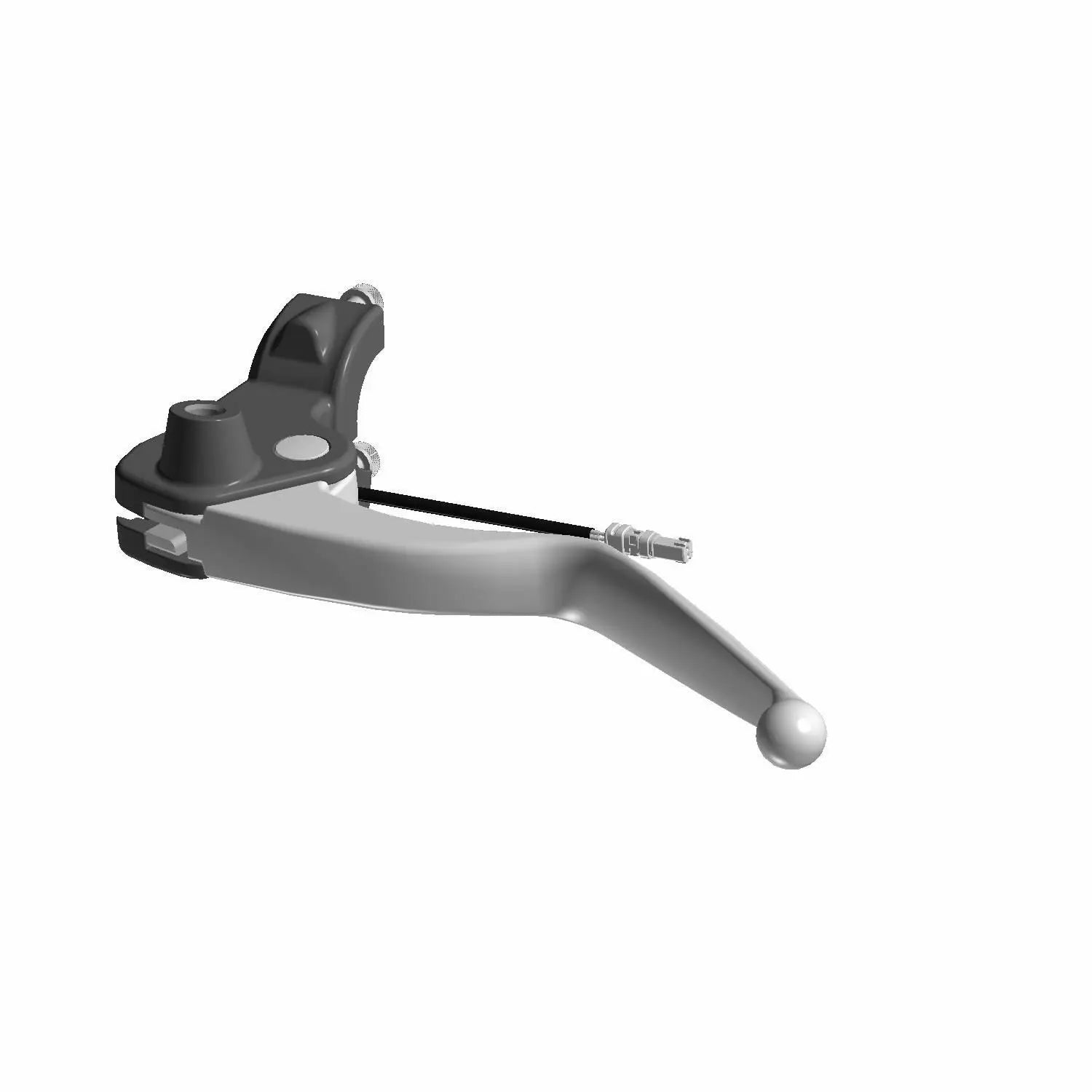 A 3D-rendered image of the Clutch Lever Assembly Indian Chrome | (Incl. 1 2 4 5 6) by Polaris, featuring a metallic finish, mounting bracket, and adjustment screw, inspired by Indian Motorcycle style, isolated on white.