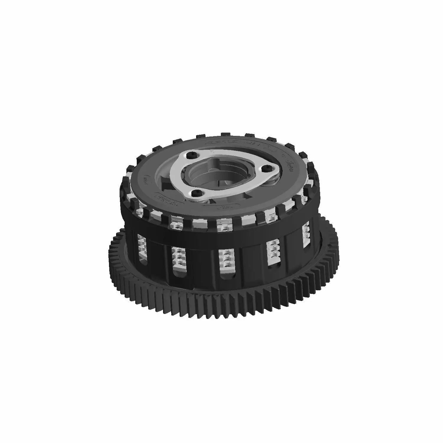 A black and silver mechanical gear assembly with visible springs and teeth, photographed on a white background. This is the Clutch [Includes 2 18] by Polaris, ideal for those seeking genuine OEM parts for optimal performance.