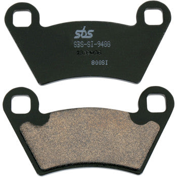 Pair of black sintered metal brake pads with SBS logo and model number printed in white on backing plate.