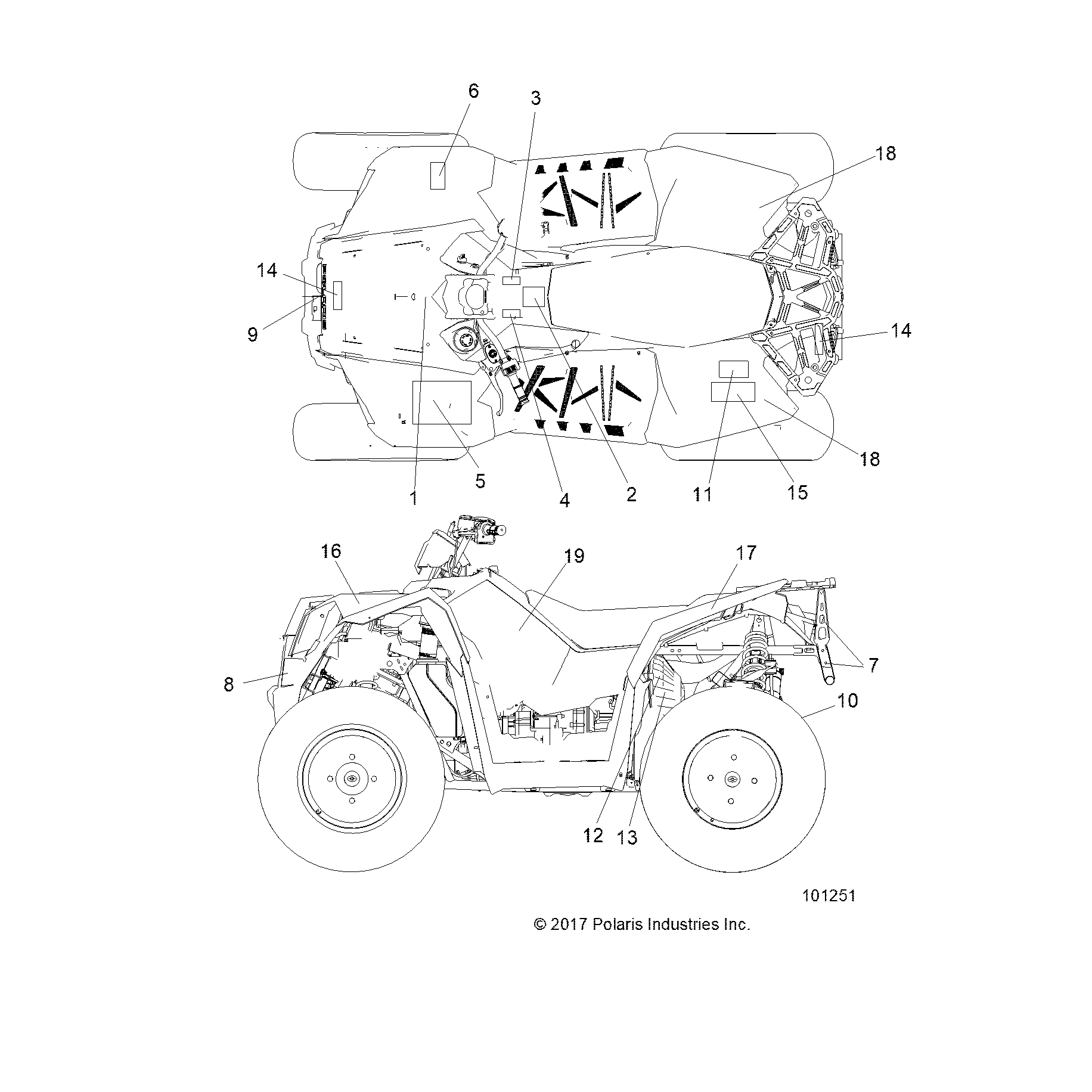An Image of a Genuine Polaris Parts Schematic Diagram showing the schematic - BODY: DECALS - 2018 POLARIS SCRAMBLER 850